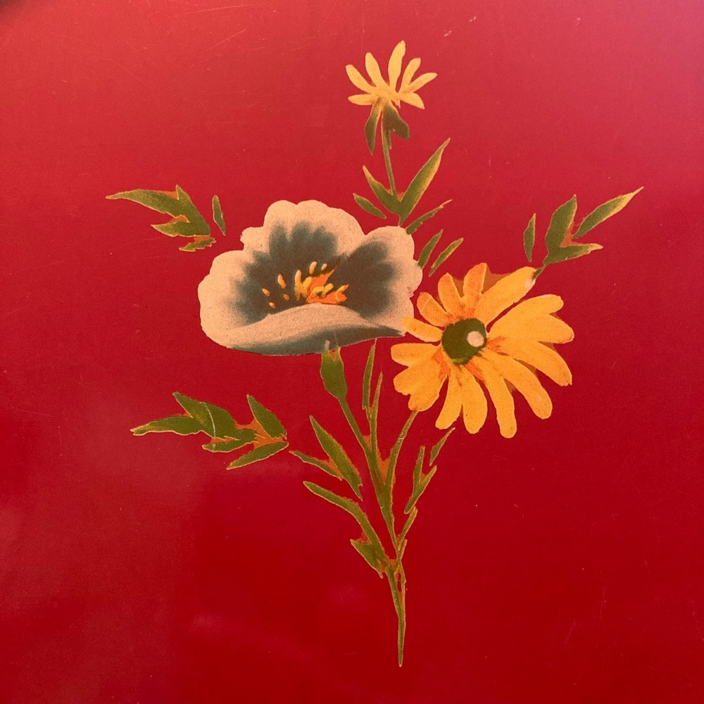 Vintage 12.5” Metal RED Tole Flowers Serving Tray RUSTIC/Farmhouse